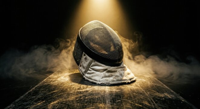 Fencing mask under spotlight: protective gear for intense sports competition, safety equipment