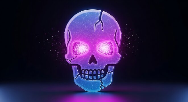 Glowing Neon Skull Illustration with Cracks and Vibrant Purple Light.
