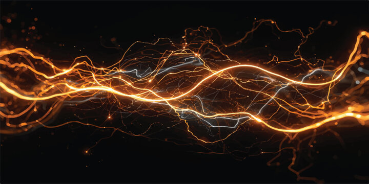 An abstract dark background of glowing electric lines and vibrant fire waves creates a powerful energy fractal design filled with motion