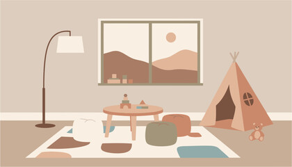 Cozy children's playroom with teepee and toys during soft daylight modern minimalist aesthetic © ABULSTOCK