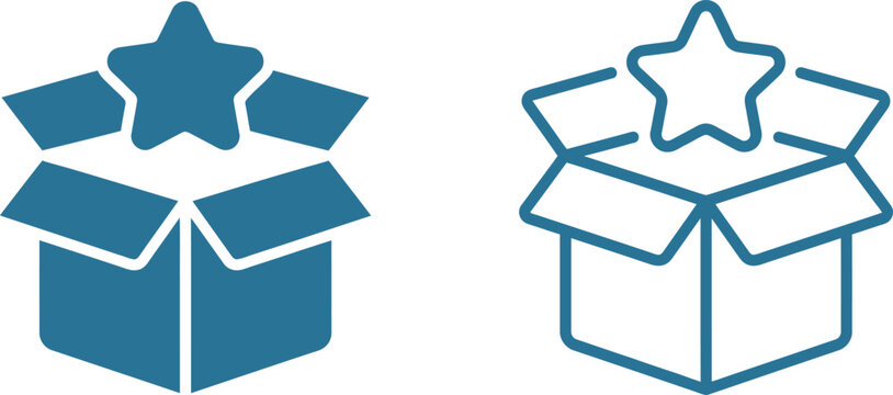 open box with starburst icons, package delivery reward badge symbol, ecommerce shipping icon set