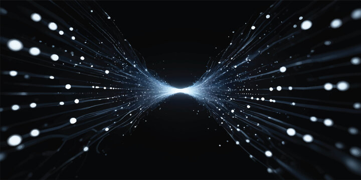 An abstract futuristic blue background with glowing light trails and shiny stars creates a digital technology backdrop reminiscent of a bright galaxy wave in outer space