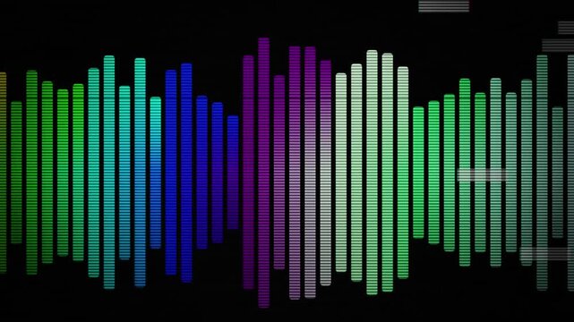 Abstract digital equalizer visualizer with vibrant rainbow colors and pulsating sound waves on a dark background