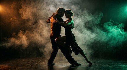 Obraz premium A silhouette couple gracefully performs a tango dance under moody, colorful lighting. Concept of dance, passion, and elegance for music, performance arts, and romance imagery. Generative AI.