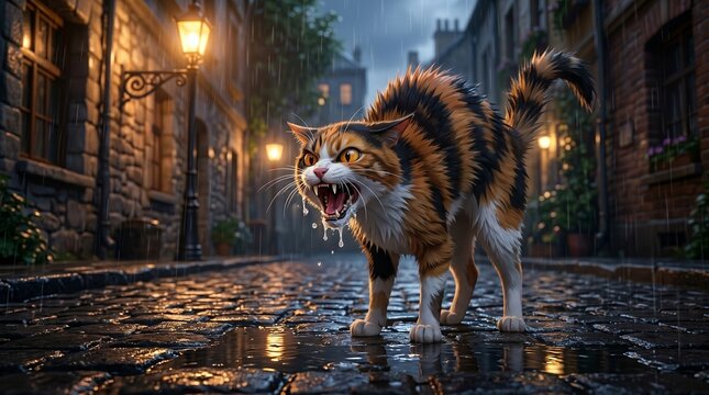 Aggressive rabid cat snarling on rainy cobblestone street at night
