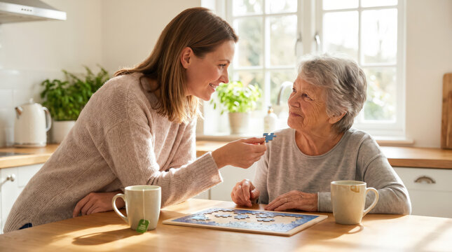 Adult daughter offers puzzle piece to elderly mother at bright kitchen table supporting memory activity patience home care bonding senior wellness family caregiving concept support