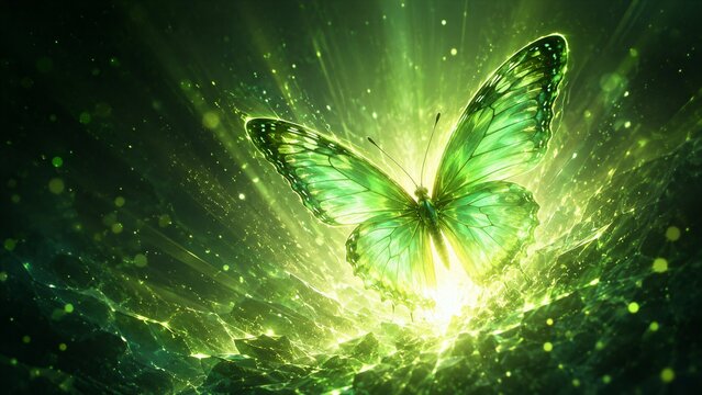 Green butterfly glowing and ascending over luminous energy
