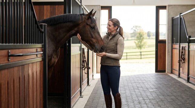 Woman interacting with horse in stable.