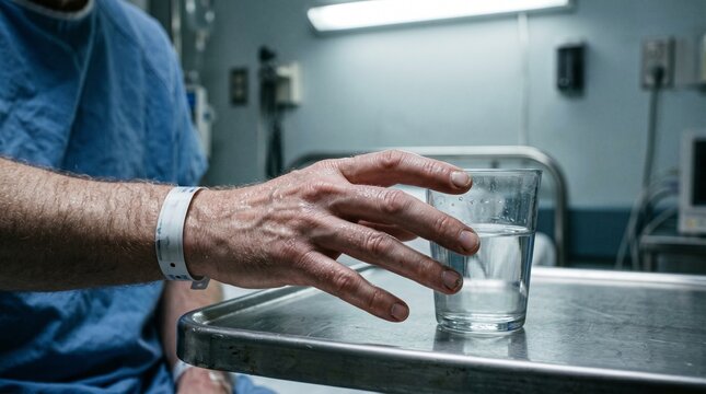 Rabies patient showing symptoms of hydrophobia while reaching for water