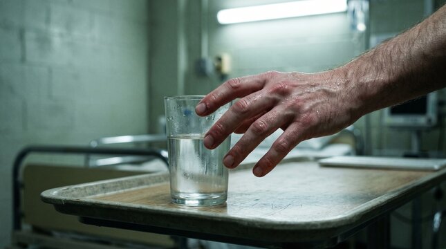 Rabies patient exhibiting hydrophobia symptoms reaching for water