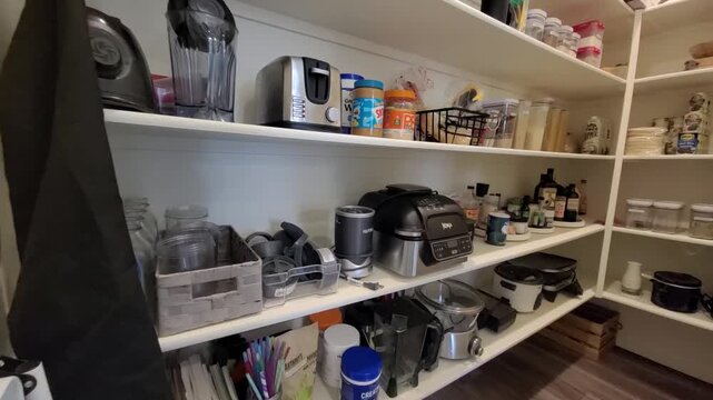 Open pantry closet with jars and appliances