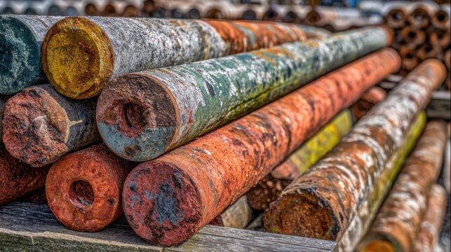 A close-up view of large, stacked, cylindrical industrial pipes showing significant rust and weathered textures.