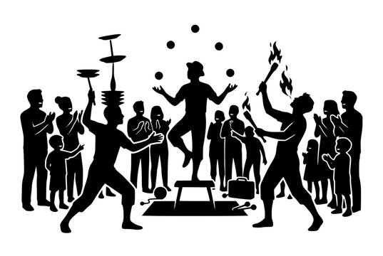 Street Performers Silhouette Juggling Plate Spinning and Fire Eating for Audience