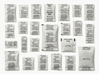Fototapeta premium Silica Gel Moisture Absorber Packet Collection Isolated on White Background