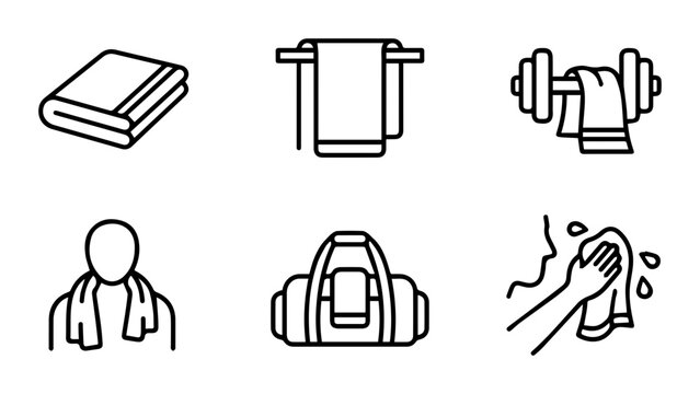 Fitness Towel Icons Set, Gym Bag, Dumbbell, Person with Towel, Hygiene, Sport Lifestyle Vector Graphics