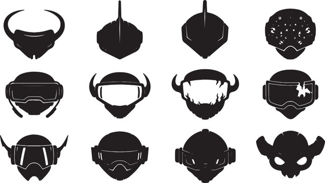 Collection of twelve black silhouette icons representing futuristic sci-fi helmets, tactical masks, and armored headgear with visors and mechanical details on white background.