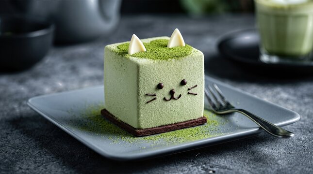 Square-shaped green matcha cake with cat face design, topped with white chocolate ears, served on a gray plate with a fork and blurred background elements