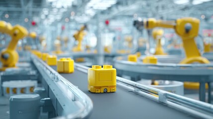 Fototapeta premium Automated conveyor belt system transporting yellow toy components through a modern manufacturing facility