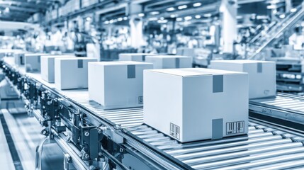 Fototapeta premium Automated conveyor system moving sealed product boxes in a modern industrial factory setting for efficient shipping and logistics.