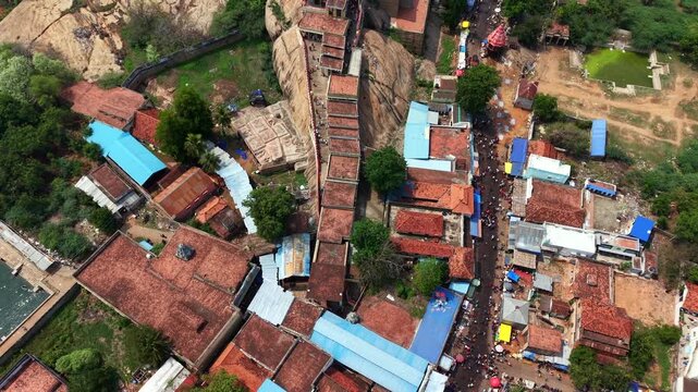 Aerial View of Kundrakudi Murugan Temple and Temple Chariot Festival in Sivaganga Tamil Nadu India
