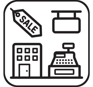 Storefront Icon Featuring Price Tag, Bank Building Facade, and Cash Register, Vector Style on White Background
