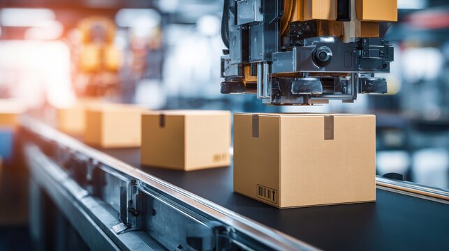 Automated packaging machine sealing cardboard boxes on a production line in a modern factory