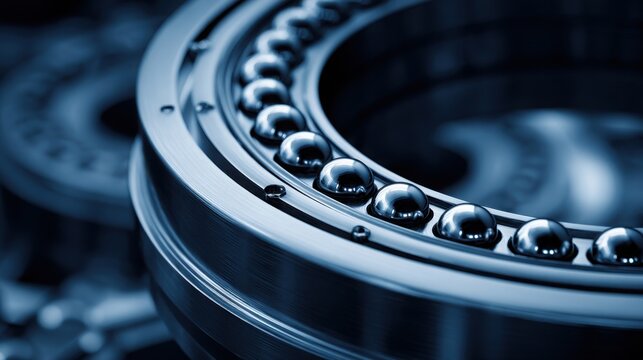 Close-up of a precision ball bearing with polished steel spheres showcasing intricate mechanical engineering details