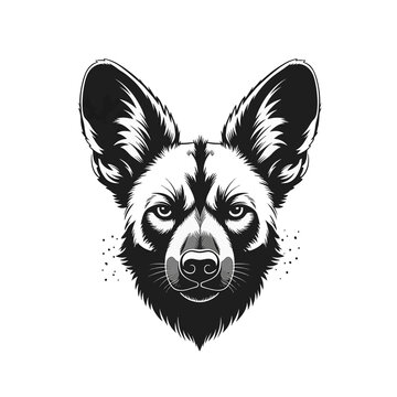 Detailed black and white vector illustration of an African wild dog head isolated on white. Symmetrical portrait of a Lycaon pictus with large rounded ears and intense gaze.