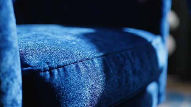 Close-up of a plush deep blue velvet chair cushion with soft light and shadow, textured fabric and visible seam detail