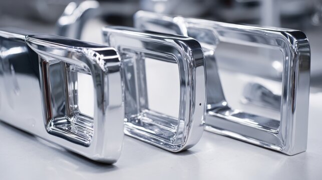 Gleaming chrome-plated metal components with smooth surfaces reflecting light in a modern industrial setting