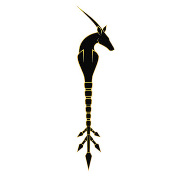 Black and gold stylized silhouette of a regal antechinus head integrated into a decorative tribal spear design with geometric segments and arrow tip isolated on white.