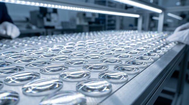 Endless rows of precision convex glass lenses on an inspection table in a high-tech optical manufacturing cleanroom. B2B corporate concept for Industry 4.0, quality control, and advanced photonics. 