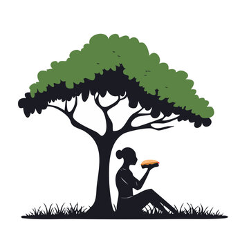 Woman eating sandwich under a tree