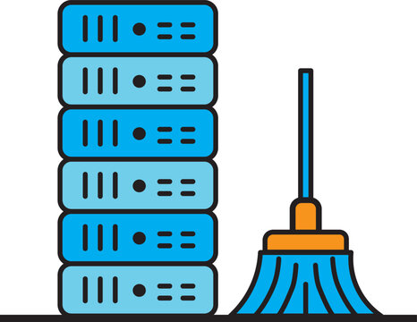 Server rack with cleaning broom icon. Simple cartoon outline illustration of data cleanup, server maintenance, system optimization, cache clearing, and database storage optimization vector