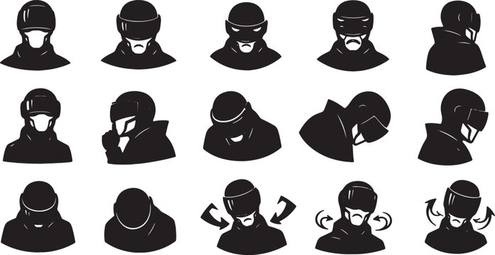 Set of 15 flat vector silhouette icons featuring futuristic character heads with helmets and visors. Includes various perspectives, front, side, and head movement icons on white background.