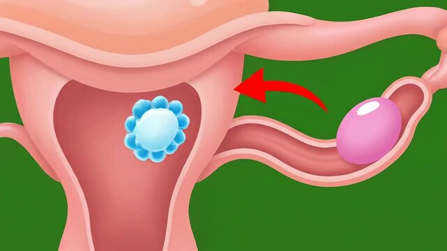 2D Animation Explaining Human Fertilization Process with Sperm Movement Towards Egg in Uterus on Green Screen Background