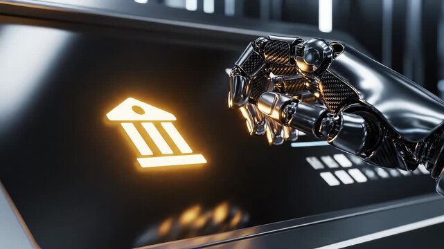 Futuristic metallic robot hand touching glowing bank icon on touchscreen, high-tech interface, reflective surfaces, cybernetic detail
