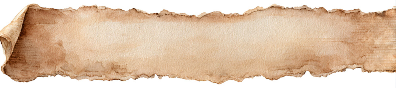 A distressed scroll, with torn edges and rolled section on the left, rendered in watercolor textures of beige and brown