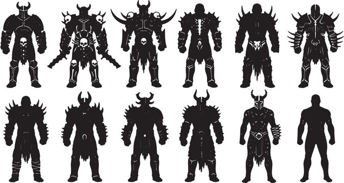 Collection of twelve black silhouette illustrations of fantasy armored warriors and dark knights with horned helmets, spiked armor, and skull motifs on a plain white background.