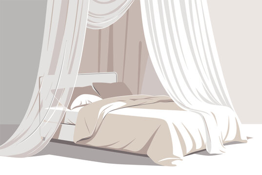 Luxurious bed design featuring a tall white canopy, multiple pillows, and a soft duvet in a bright and airy bedroom.