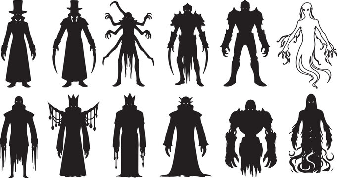 Vector illustration collection of twelve dark fantasy character silhouettes including monsters, knights, ghosts, wizards, and villains isolated on a white background.