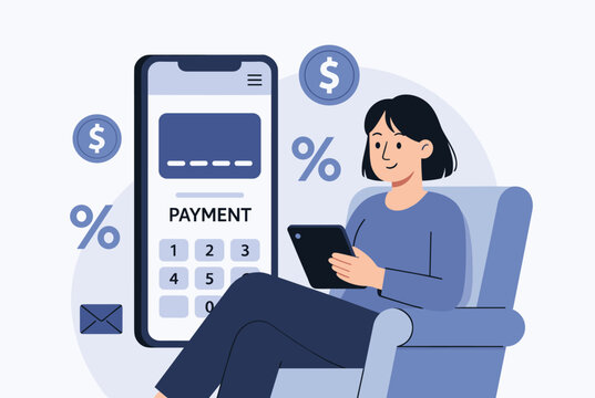 Woman sitting comfortably in an armchair while using a digital tablet to make an online payment with a large smartphone screen in the background.