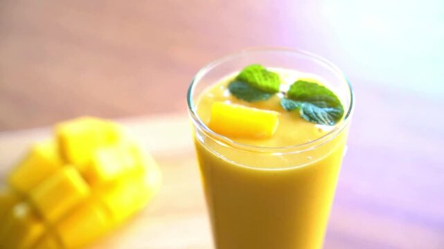 Fresh mango smoothie in glass with mint garnish, tropical fruit shake on wooden background, healthy yellow mango lassi for summer wellness