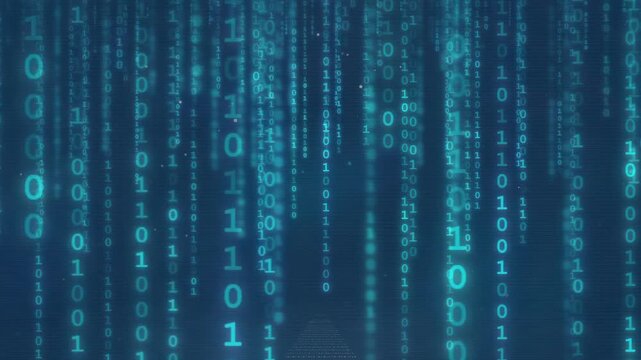 Abstract blue digital binary code rain falling vertically on a dark technological background