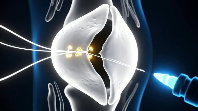 4K Neon Glow Animation of Meniscal Tear Visualization During Arthroscopic Surgery in Dark CGI Background