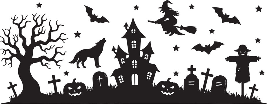 Halloween silhouette illustration featuring a haunted house, flying witch on broomstick, howling wolf, pumpkins, scarecrow, and a graveyard with bats and gnarled tree on white background.