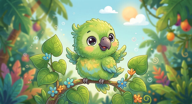 Cute green baby parrot in a tropical forest