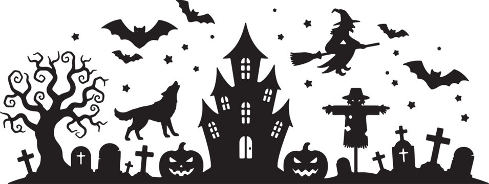 Halloween silhouette banner featuring a spooky haunted house, flying witch on broomstick, howling wolf, gnarled dead tree, bats, jack-o-lanterns, scarecrow, and cemetery gravestones.