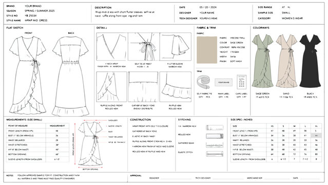 Professional fashion tech pack for a wrap maxi dress, technical flat sketches and garment specification sheet, apparel manufacturing vector template