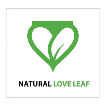 Green leaf heart logo with natural love leaf text on white square background icon
